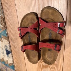 Size 39 red leather Birkenstock sandles. Barely worn. Franca style.